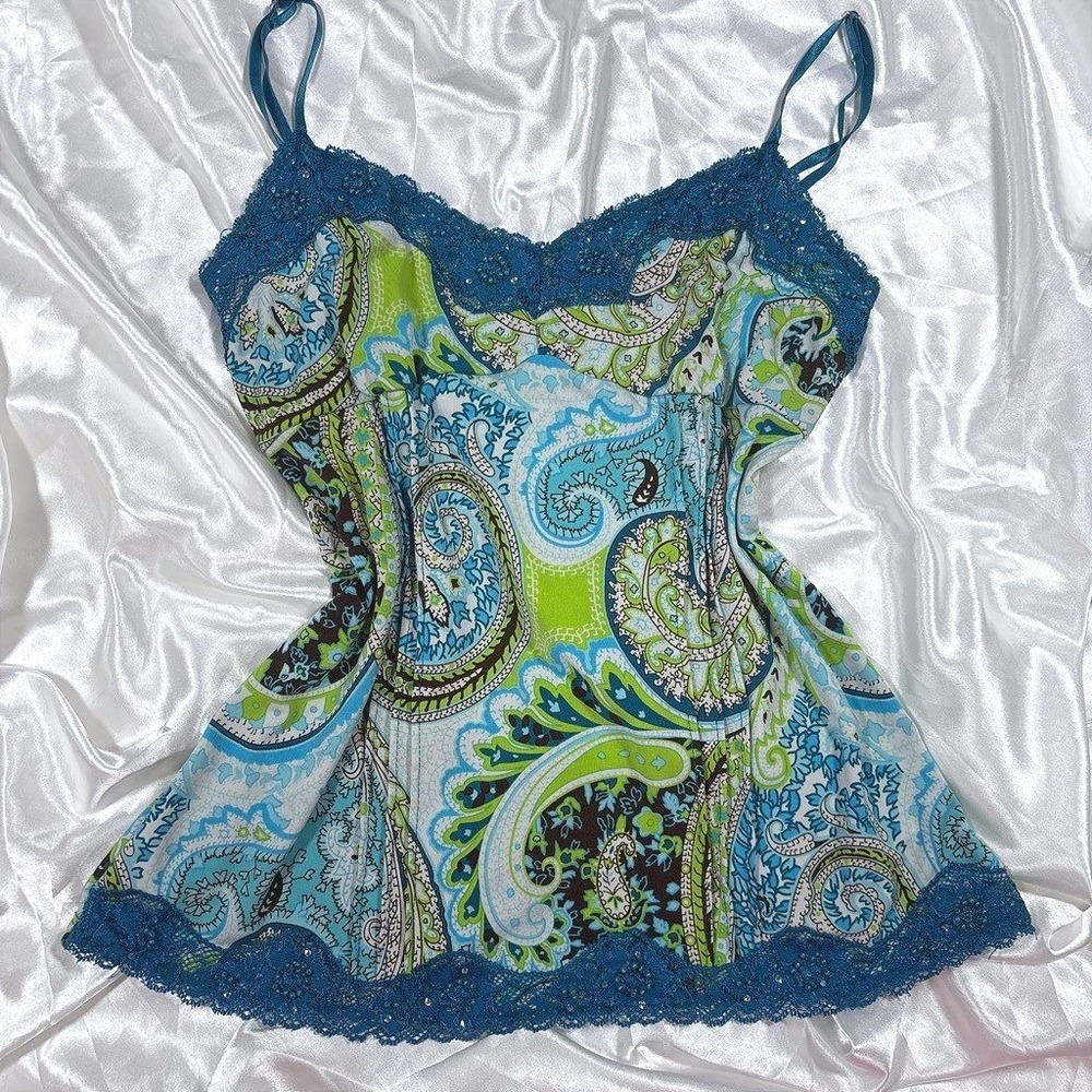 y2k paisley Cami Top Teal Lace Trim Beaded Empire Waist Camisole